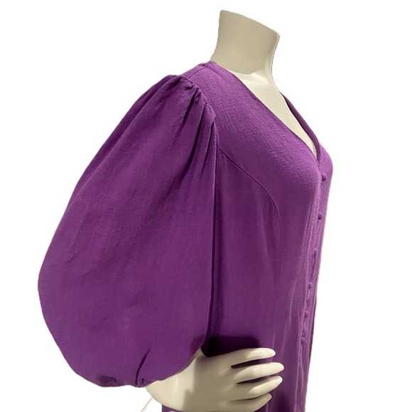 J.Jill Petite M Purple Puff Sleeve Linen Blend Midi Dress Button Front Boho - Picture 5 of 13